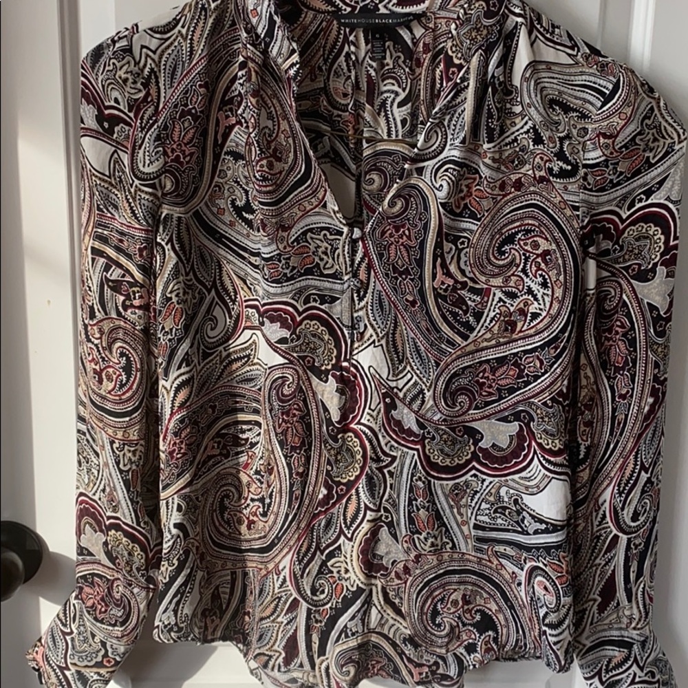 WHBM Black, Burgundy & Tan Paisley 100% Silk Lo g Sleeve Blouse